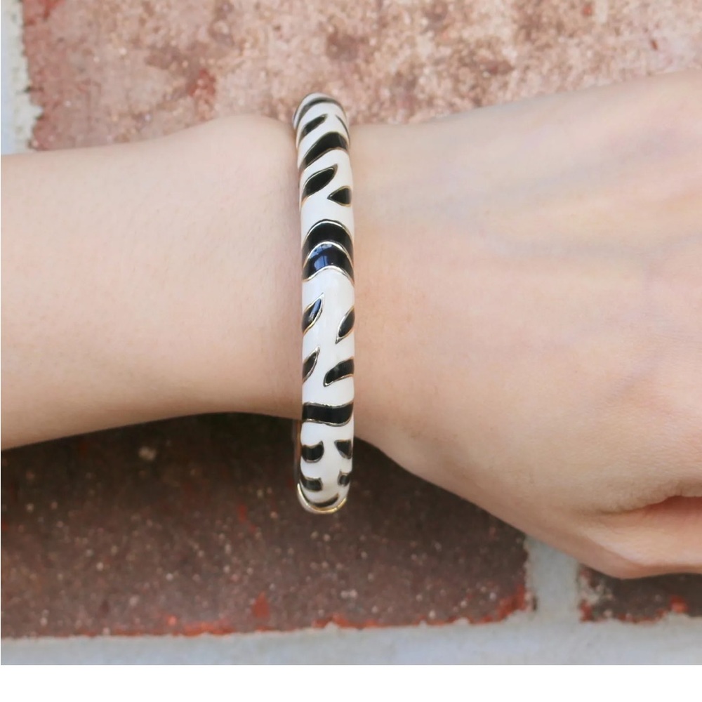 Kenneth J. Lane Enamel Hinged Bangle Bracelet Zebra Print